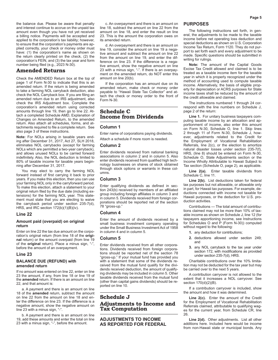Instructions for Form N-30 Corporation Income Tax Return - Hawaii, Page 5