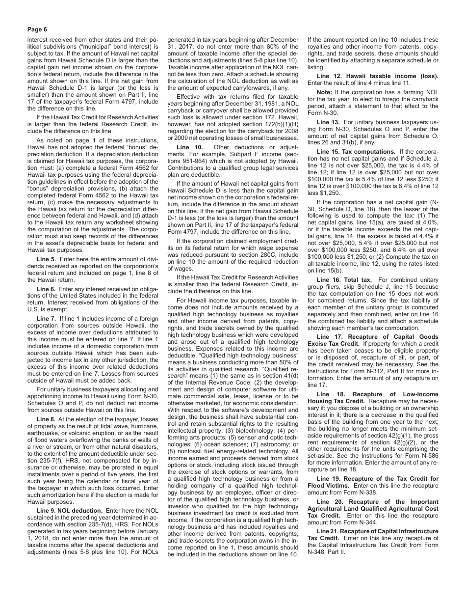 Instructions for Form N-30 Corporation Income Tax Return - Hawaii, Page 6