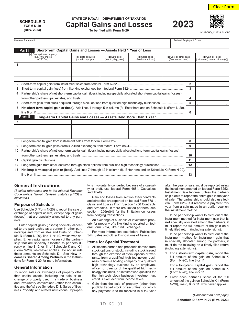 Form N-20 Schedule D Capital Gains and Losses - Hawaii, Page 1
