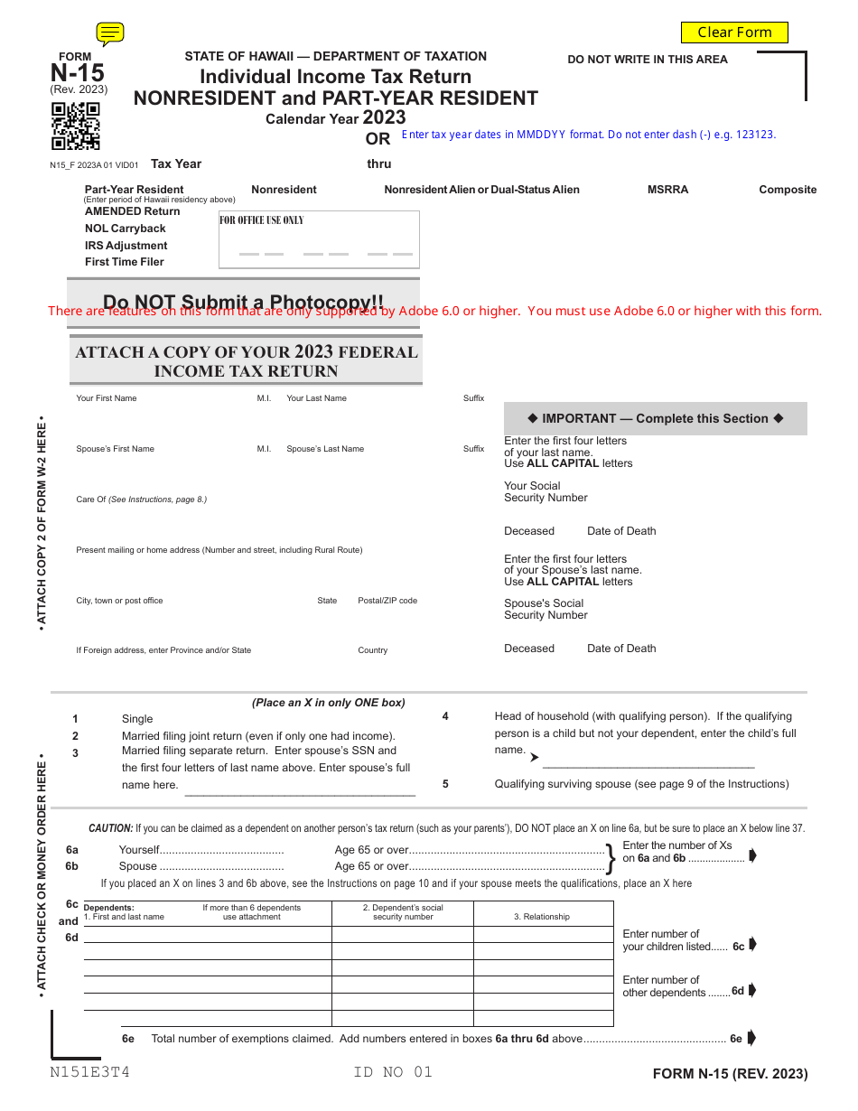 Form N-15 Individual Income Tax Return - Nonresident and Part-Year Resident - Hawaii, Page 1