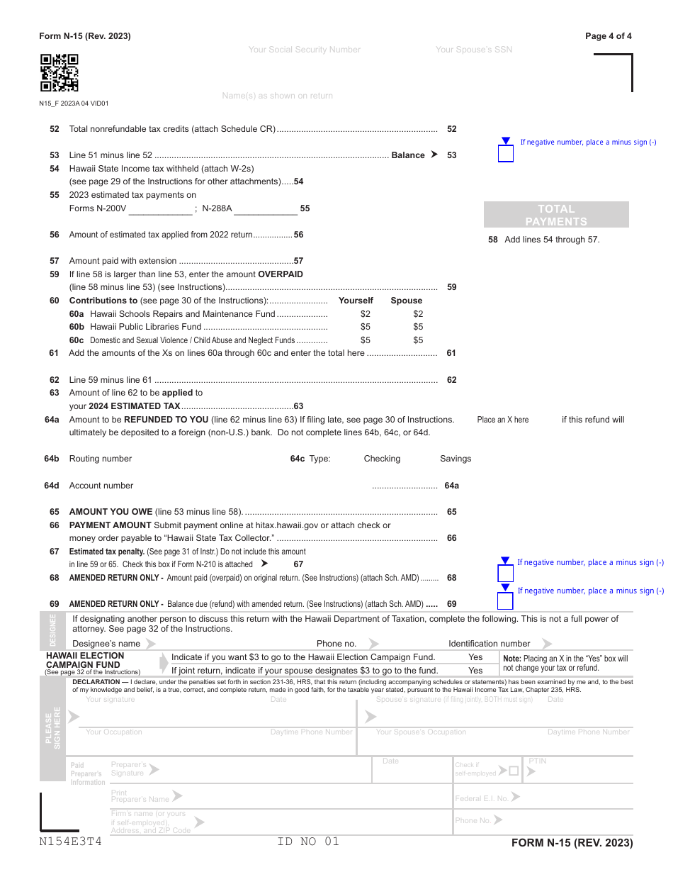 Form N-15 Individual Income Tax Return - Nonresident and Part-Year Resident - Hawaii, Page 4