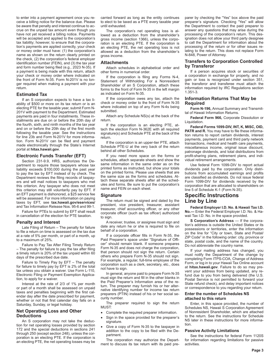 Instructions for Form N-35 S Corporation Income Tax Return - Hawaii, Page 3