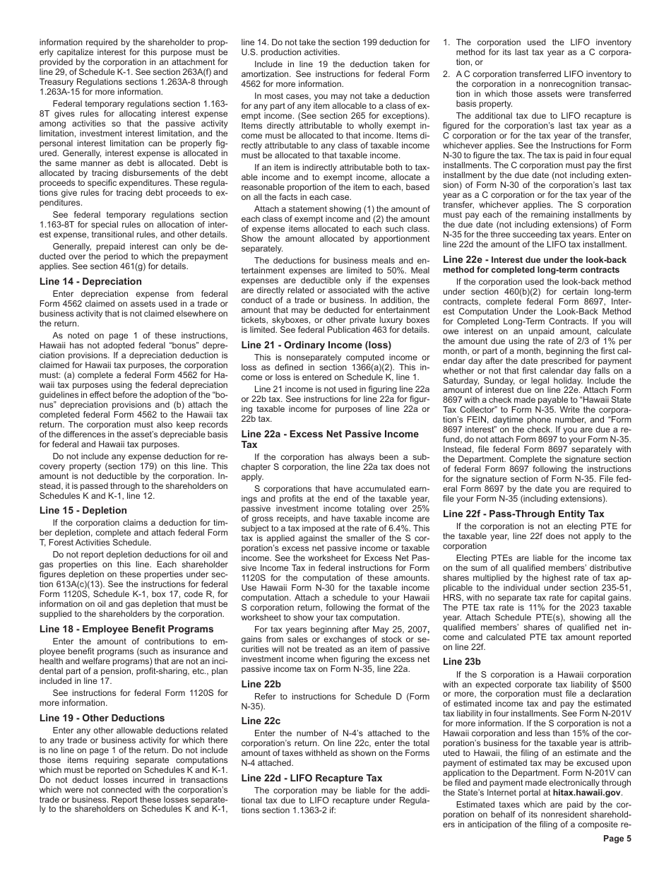 Instructions for Form N-35 S Corporation Income Tax Return - Hawaii, Page 5