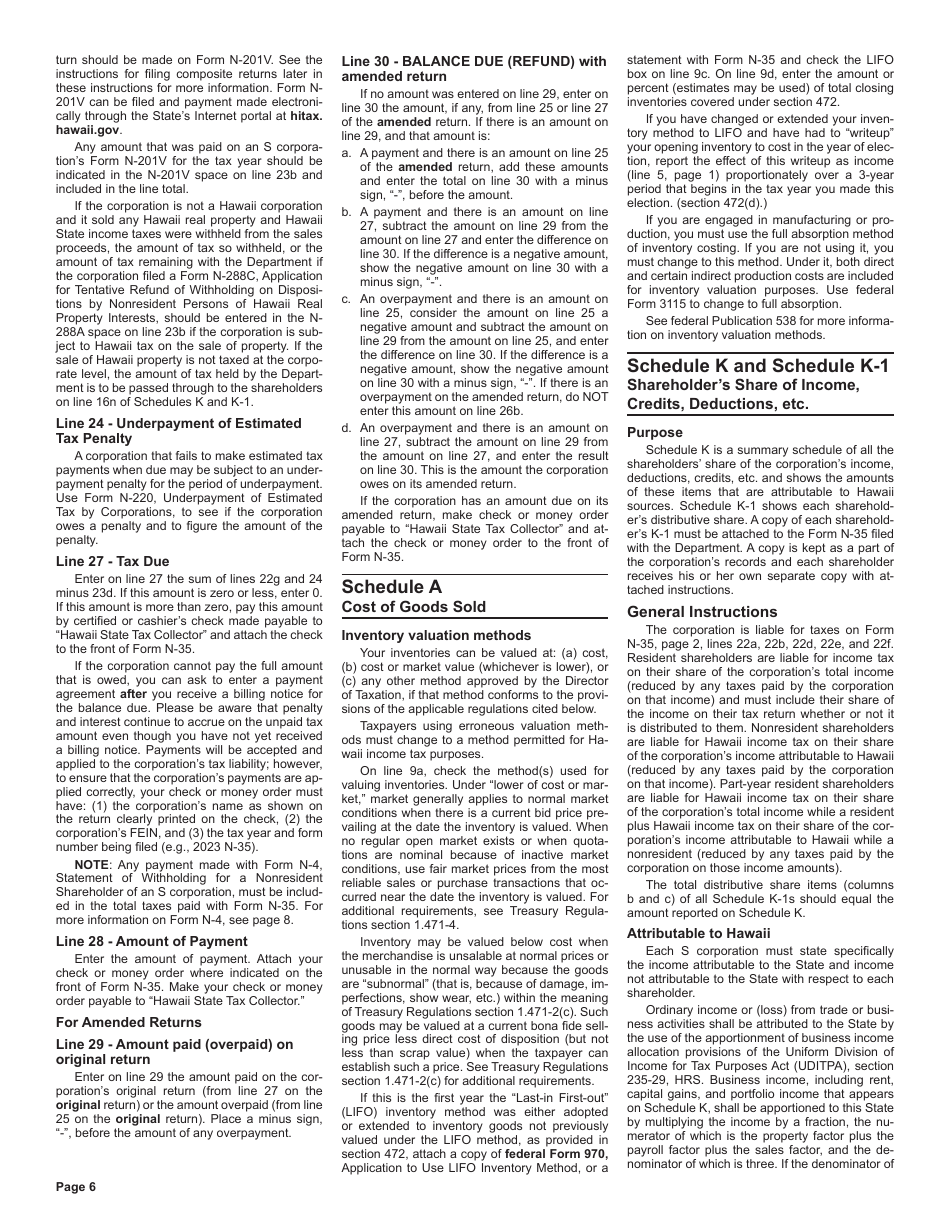 Instructions for Form N-35 S Corporation Income Tax Return - Hawaii, Page 6
