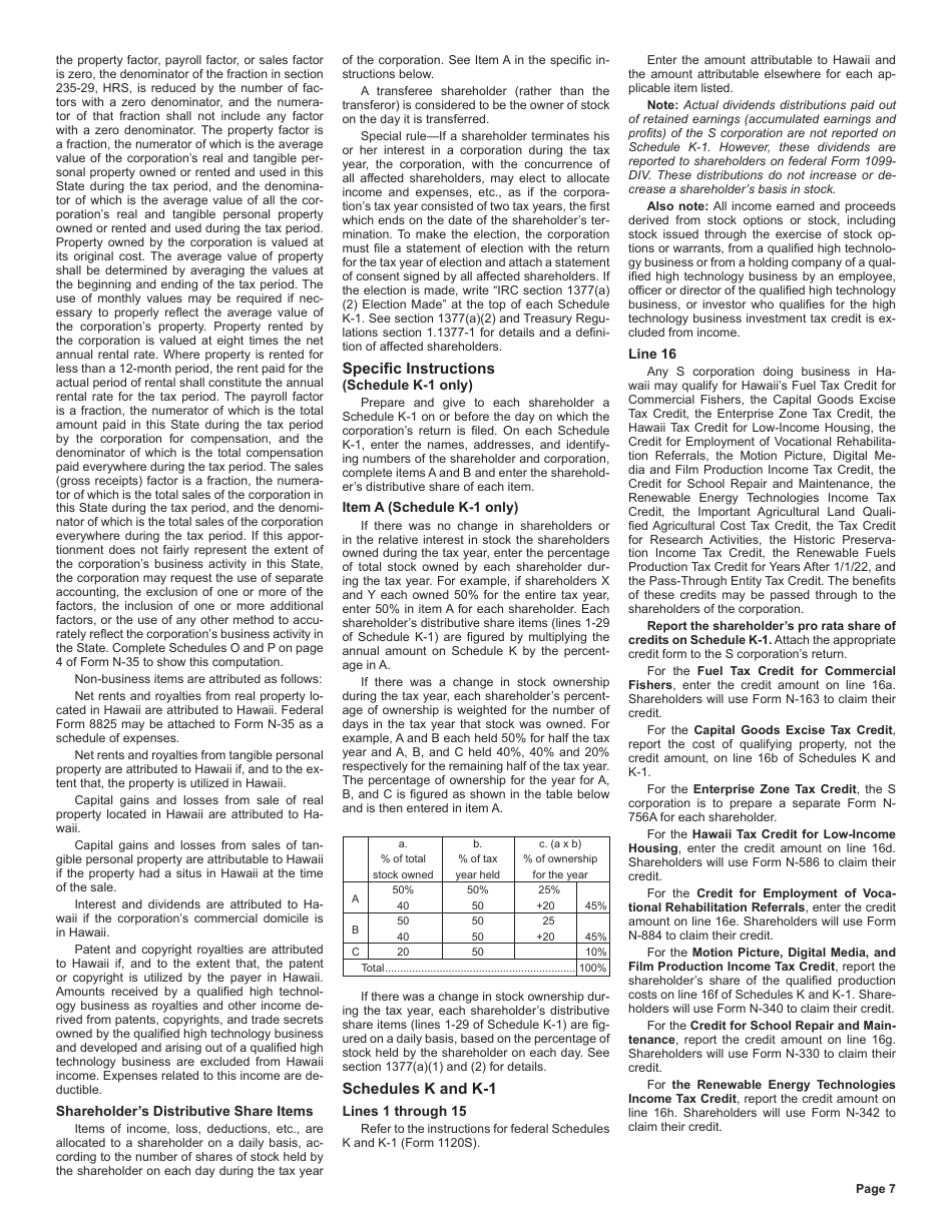 Instructions for Form N-35 S Corporation Income Tax Return - Hawaii, Page 7