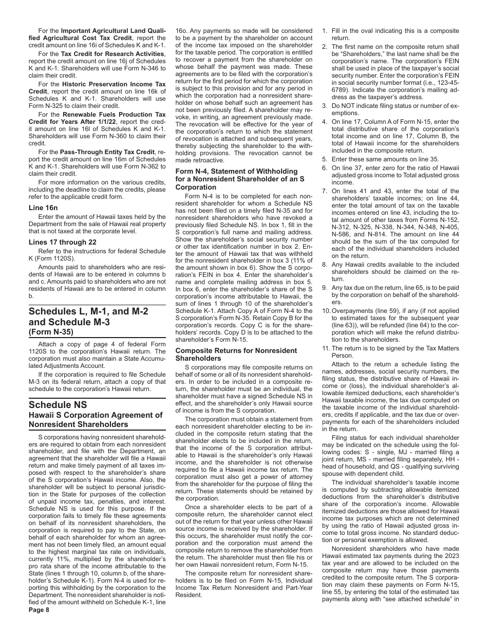 Instructions for Form N-35 S Corporation Income Tax Return - Hawaii, Page 8