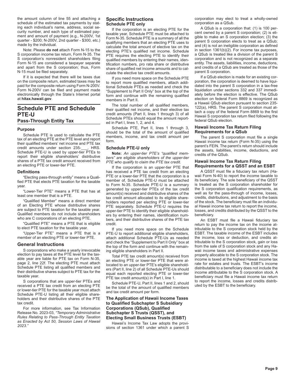 Instructions for Form N-35 S Corporation Income Tax Return - Hawaii, Page 9