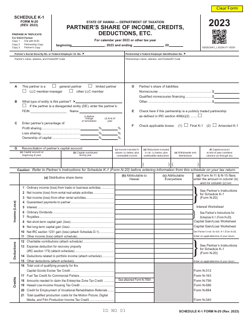 Form N-20 Schedule K-1 Partner's Share of Income, Credits, Deductions, Etc. - Hawaii, 2023
