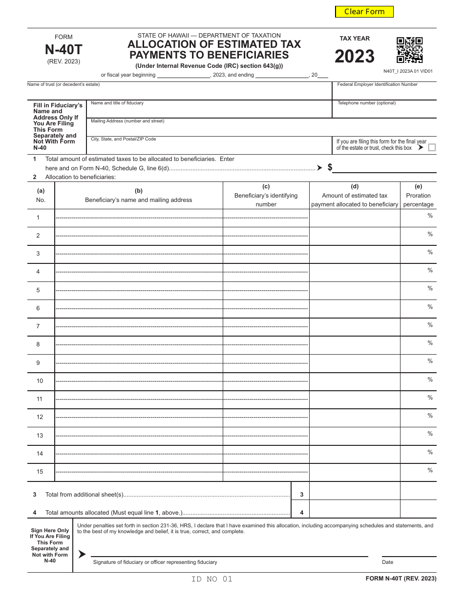 Form N-40T Allocation of Estimated Tax Payments to Beneficiaries - Hawaii, Page 1