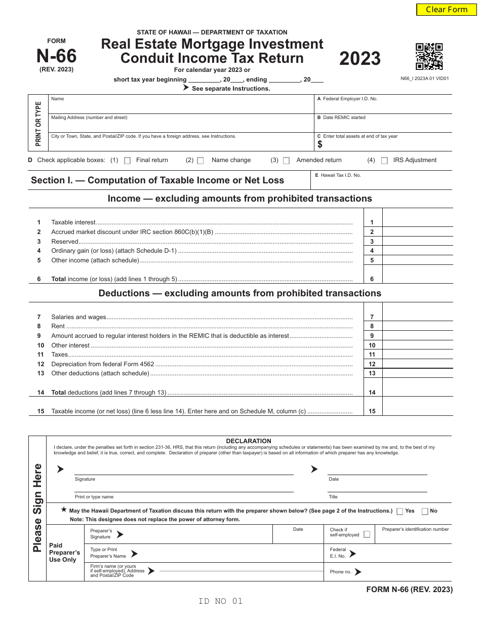 Form N-66 Real Estate Mortgage Investment Conduit Income Tax Return - Hawaii, Page 1