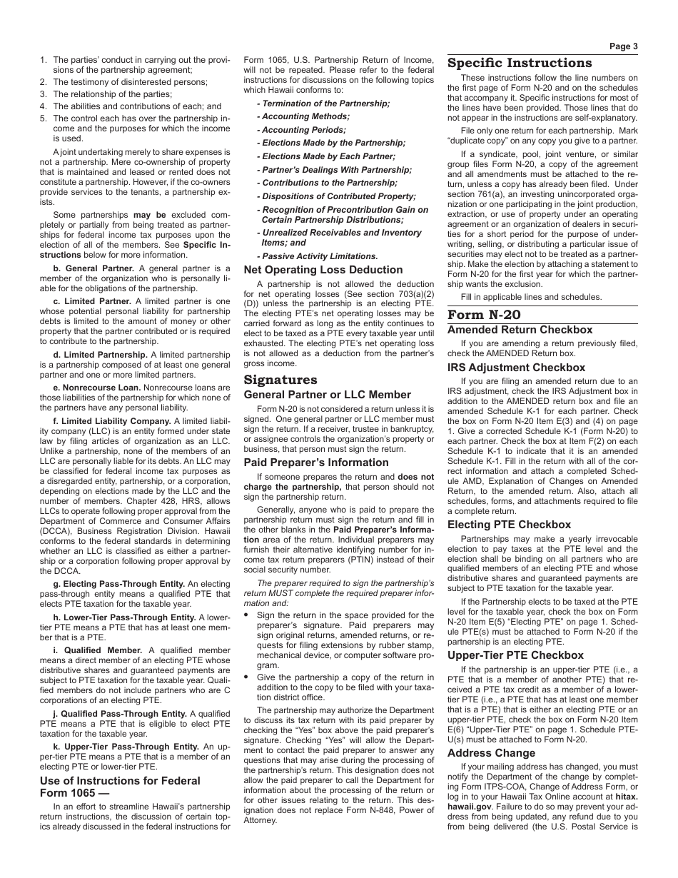 Instructions for Form N-20 Partnership Return of Income - Hawaii, Page 3