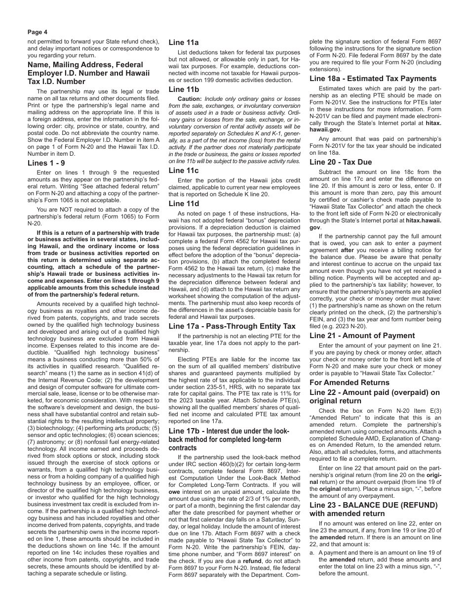 Instructions for Form N-20 Partnership Return of Income - Hawaii, Page 4