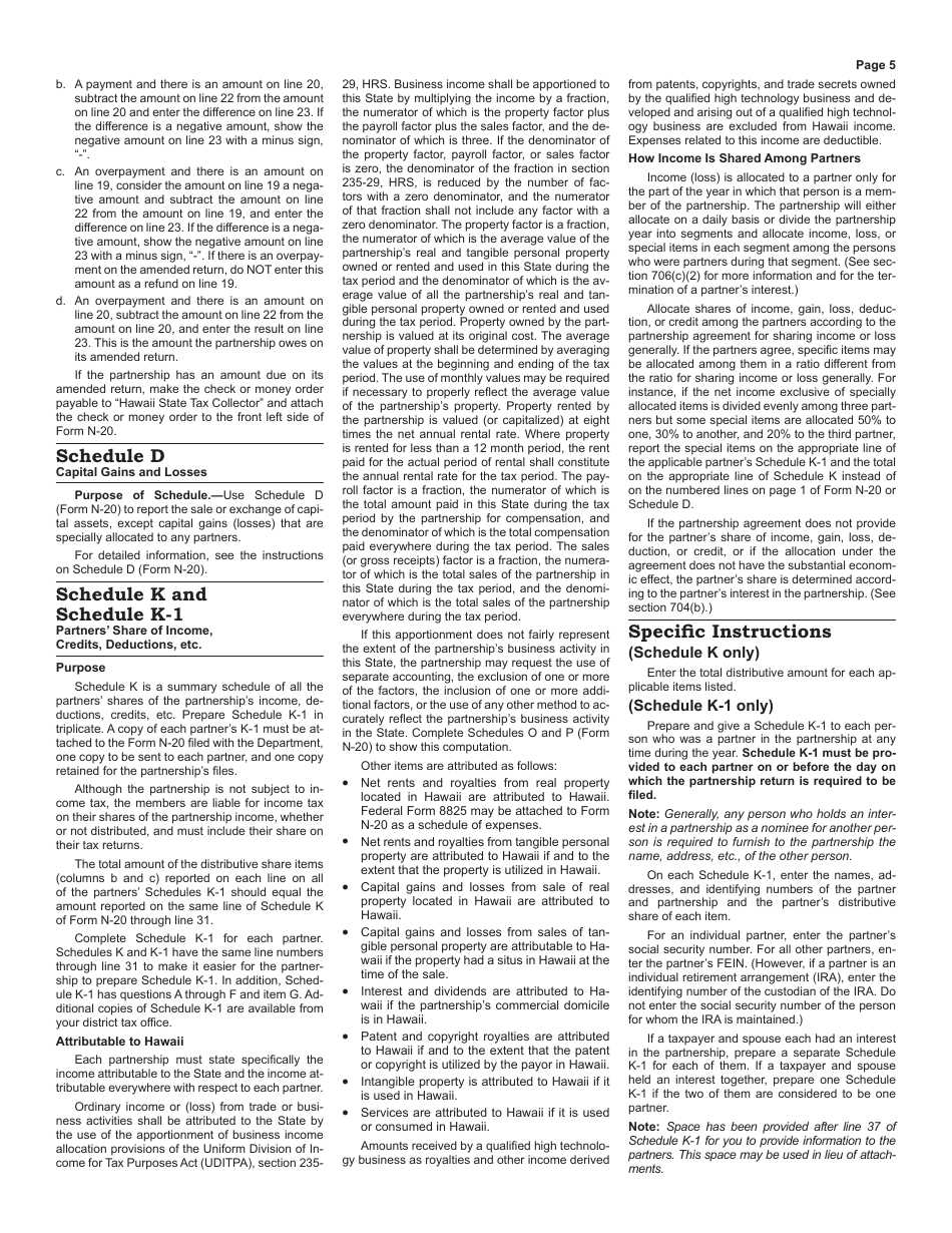 Instructions for Form N-20 Partnership Return of Income - Hawaii, Page 5