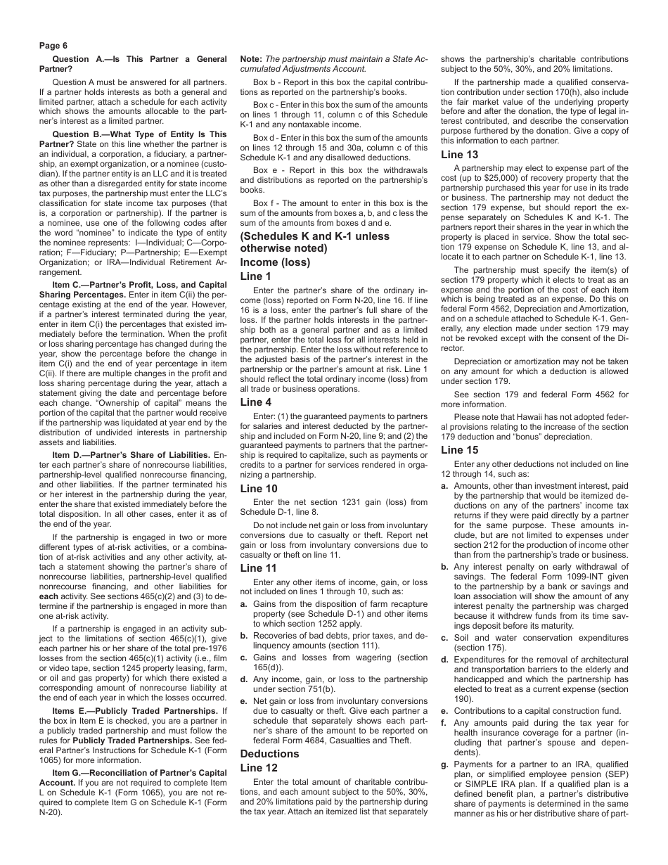 Instructions for Form N-20 Partnership Return of Income - Hawaii, Page 6