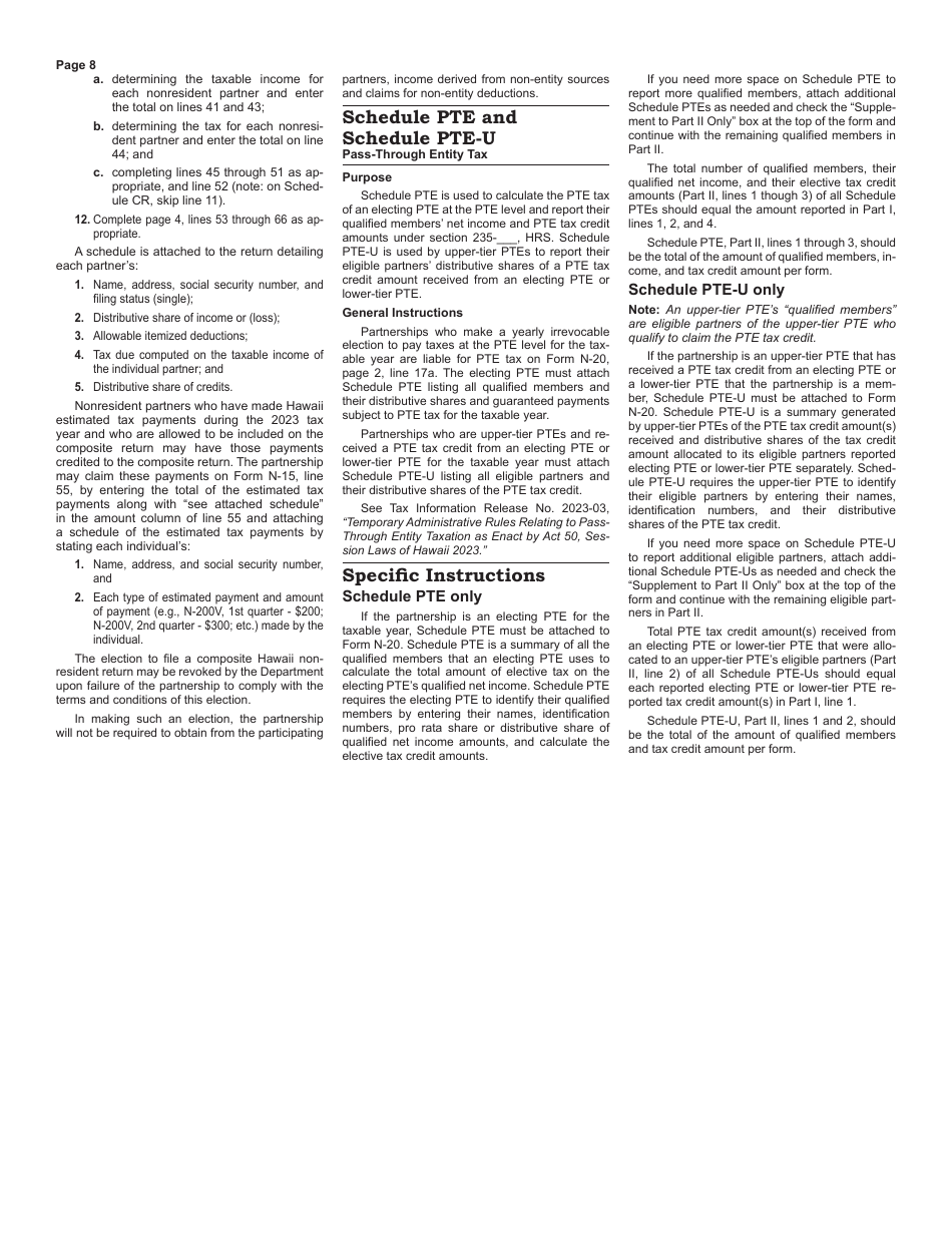 Instructions for Form N-20 Partnership Return of Income - Hawaii, Page 8