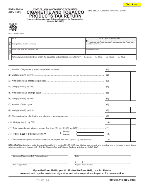 Form M-110 Cigarette and Tobacco Products Tax Return - Hawaii
