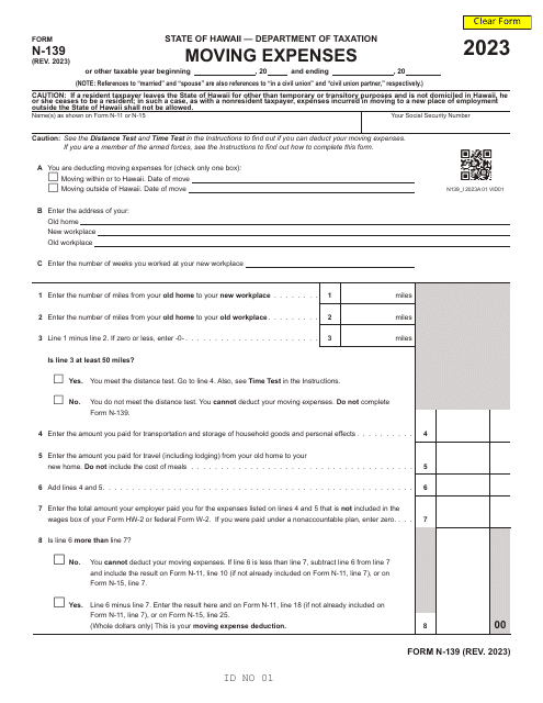 Form N-139 Moving Expenses - Hawaii, 2023