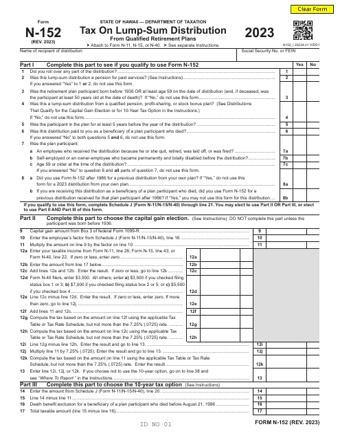 Form N-152 Tax on Lump-Sum Distribution From Qualified Retirement Plans - Hawaii, 2023
