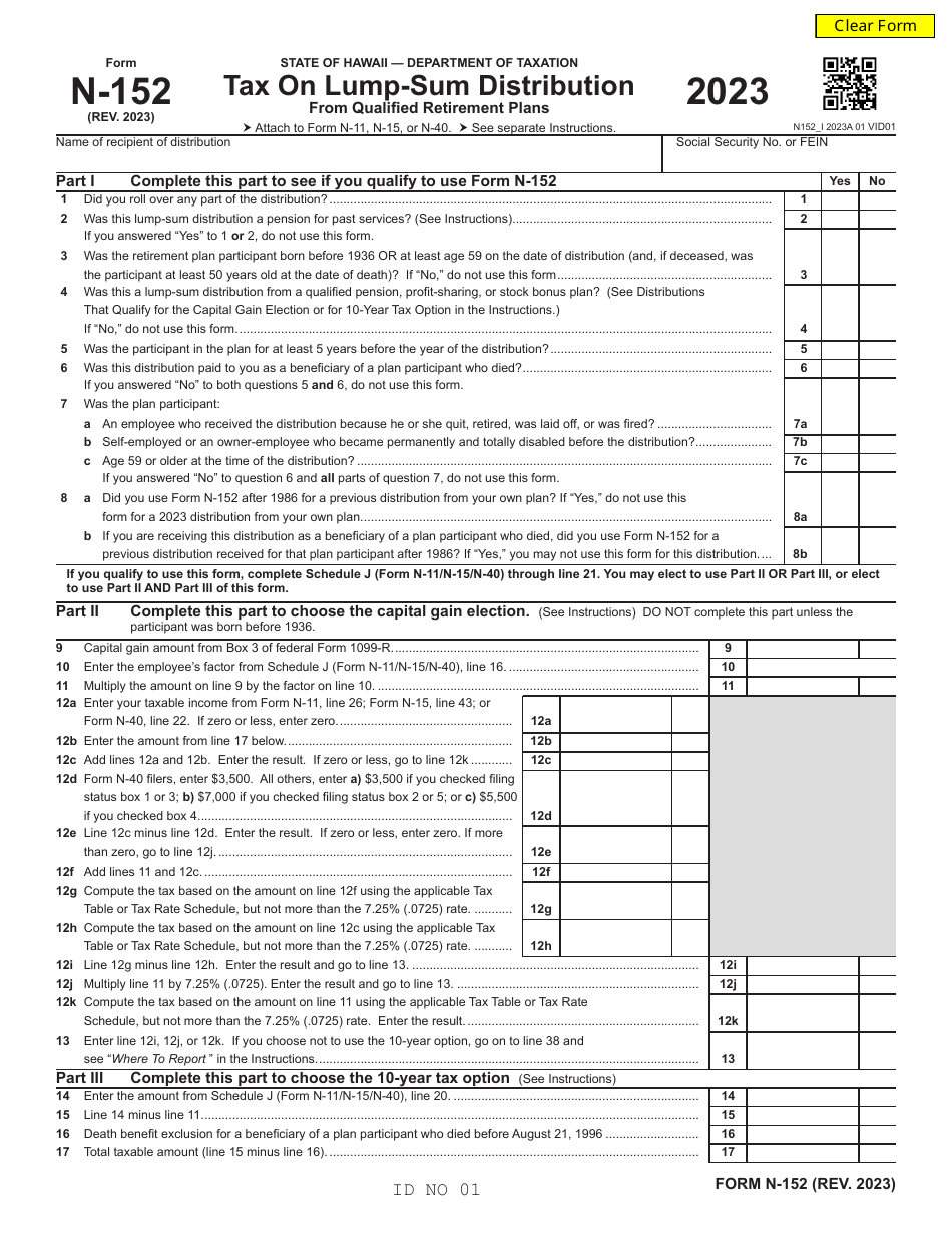 Form N-152 Tax on Lump-Sum Distribution From Qualified Retirement Plans - Hawaii, Page 1