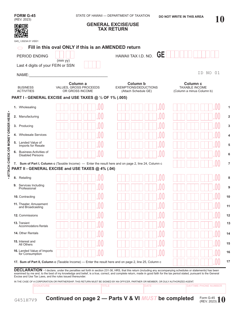 Form G45 Download Printable PDF or Fill Online General Excise/Use Tax