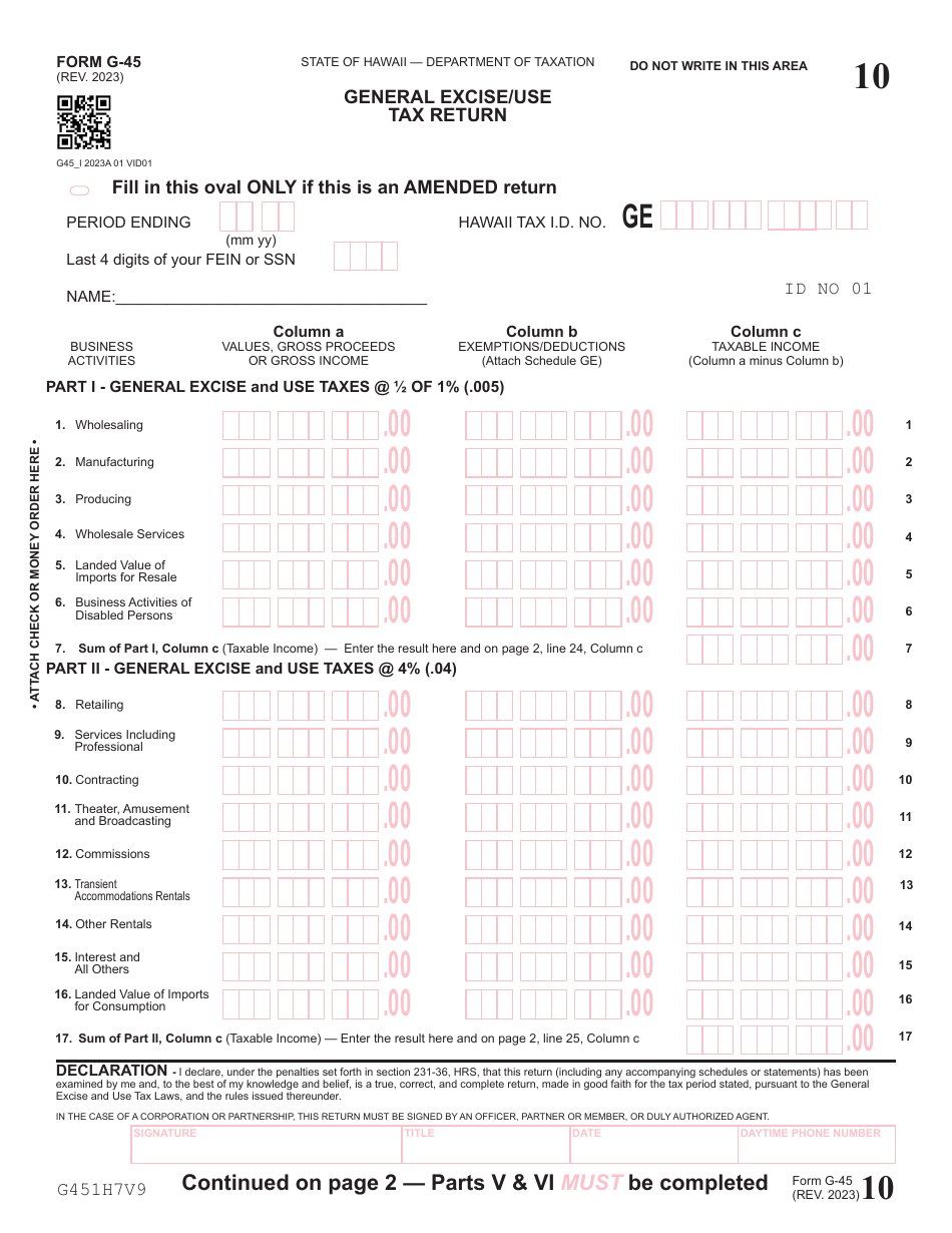 Form G-45 General Excise / Use Tax Return - Hawaii, Page 1