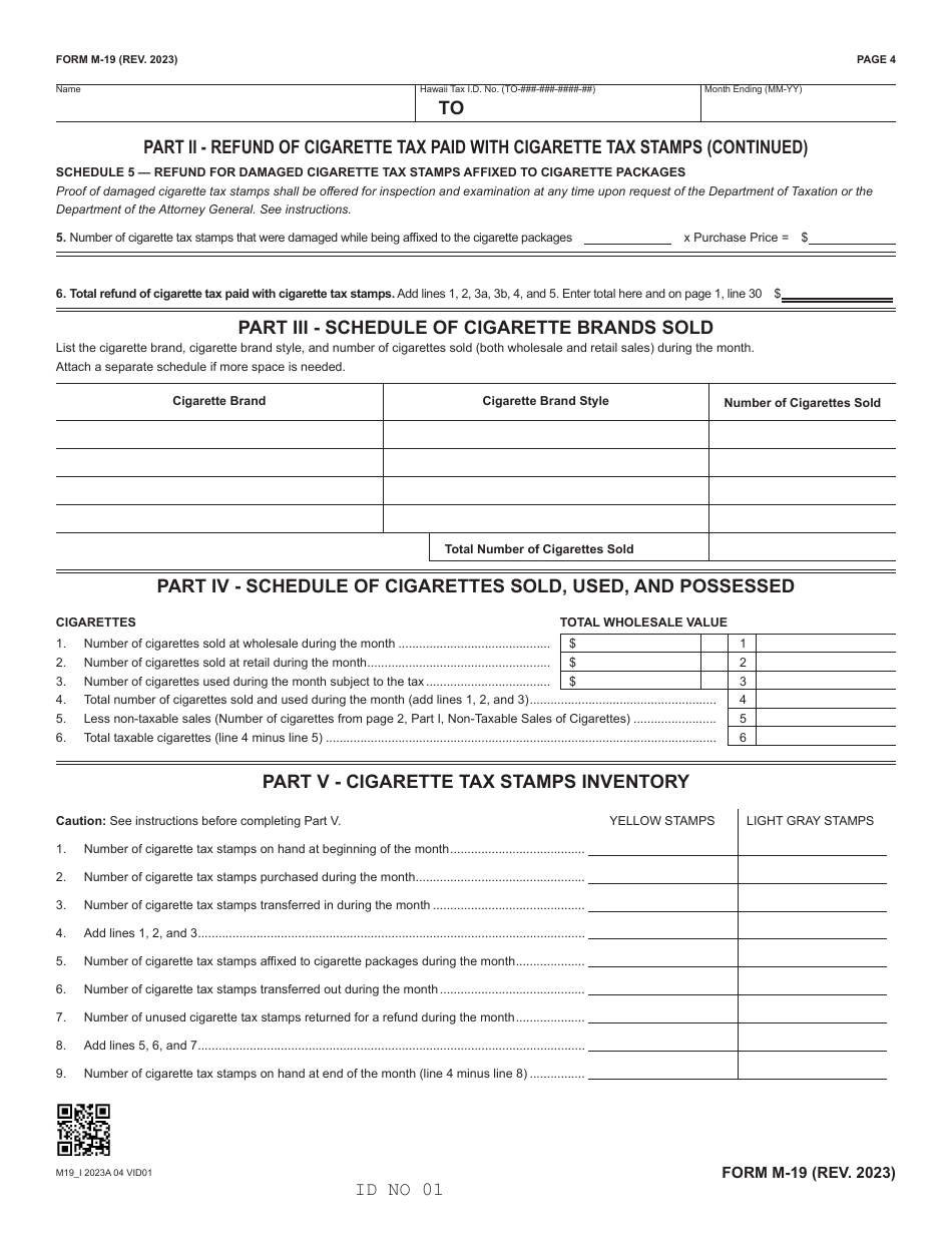 Form M-19 Cigarette and Tobacco Products Monthly Tax Return - Hawaii, Page 4