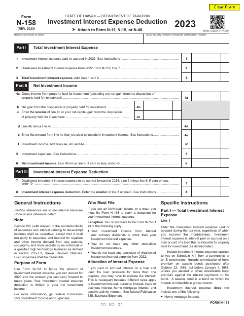 Form N-158 Investment Interest Expense Deduction - Hawaii, 2023