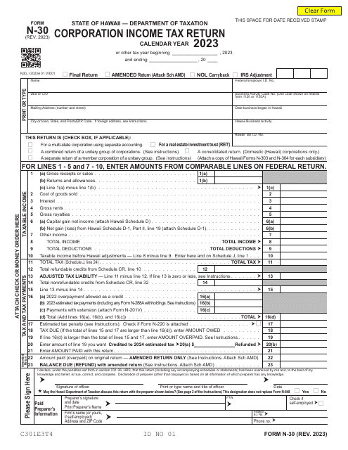 Form N-30 Corporation Income Tax Return - Hawaii, 2023