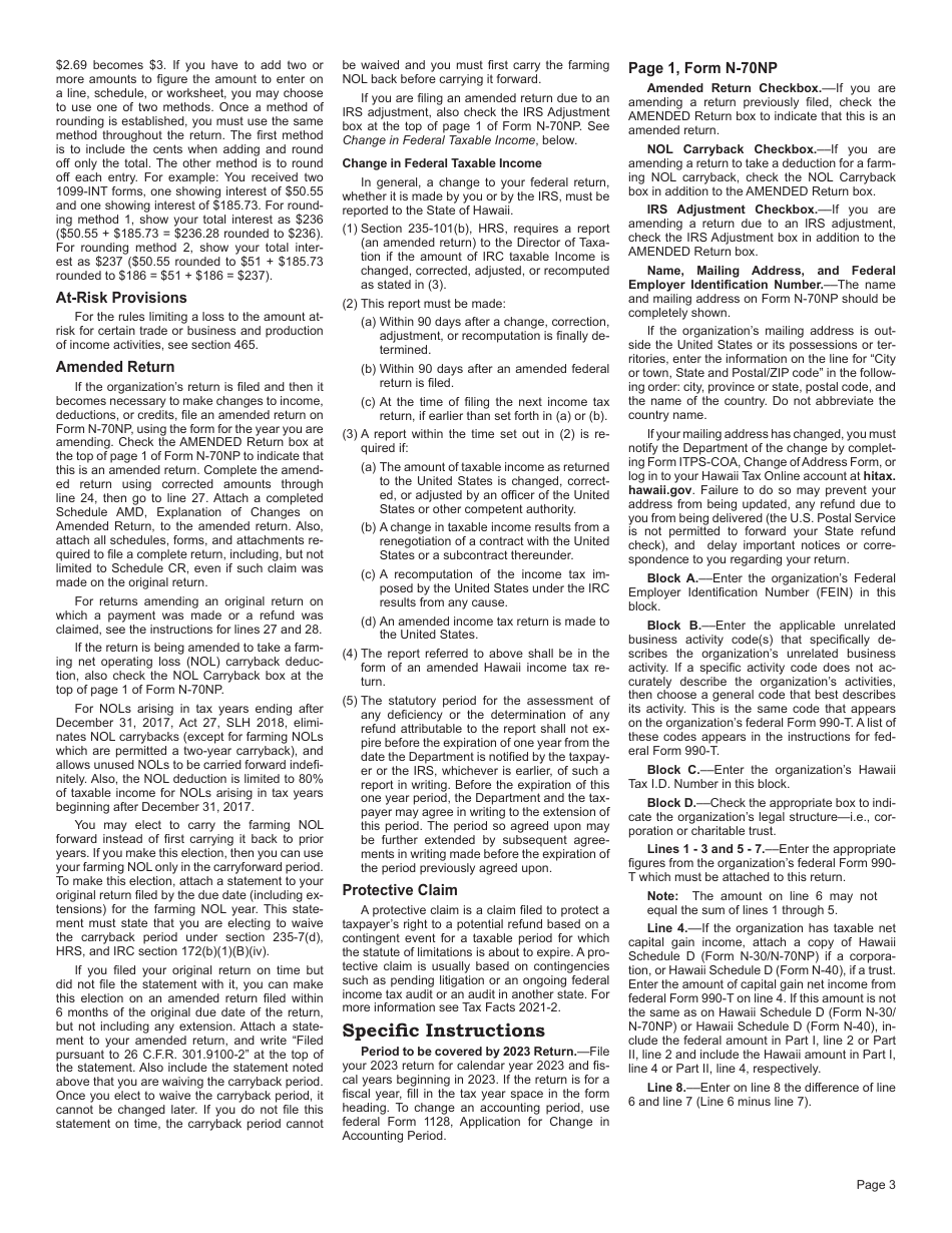 Instructions for Form N-70NP Exempt Organization Business Income Tax Return - Hawaii, Page 3