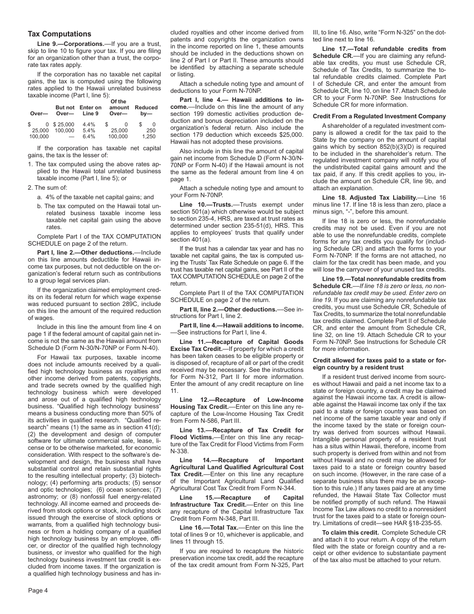 Instructions for Form N-70NP Exempt Organization Business Income Tax Return - Hawaii, Page 4