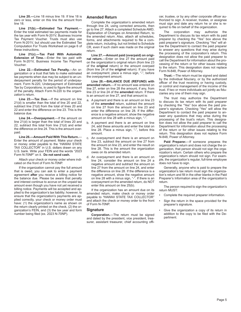 Instructions for Form N-70NP Exempt Organization Business Income Tax Return - Hawaii, Page 5
