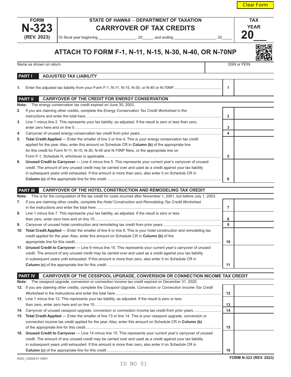 Form N-323 Carryover of Tax Credits - Hawaii, Page 1