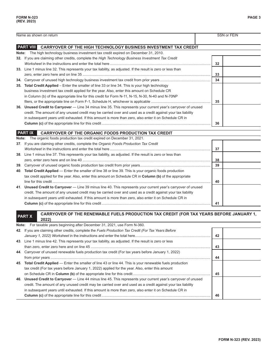 Form N-323 Carryover of Tax Credits - Hawaii, Page 3