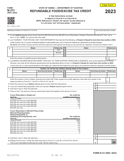 Form N-311 Refundable Food/Excise Tax Credit - Hawaii, 2023