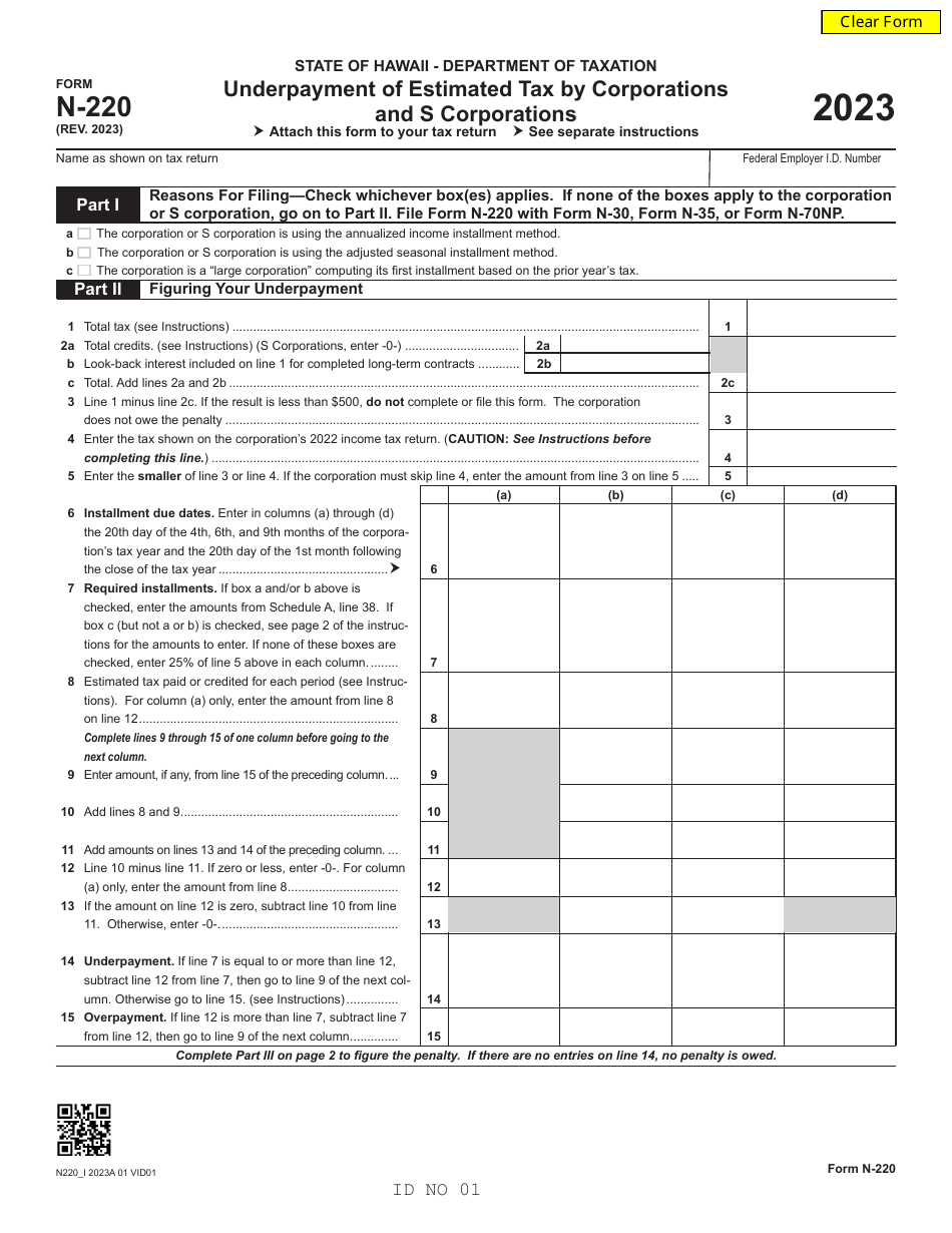Form N-220 Underpayment of Estimated Tax by Corporations and S Corporations - Hawaii, Page 1