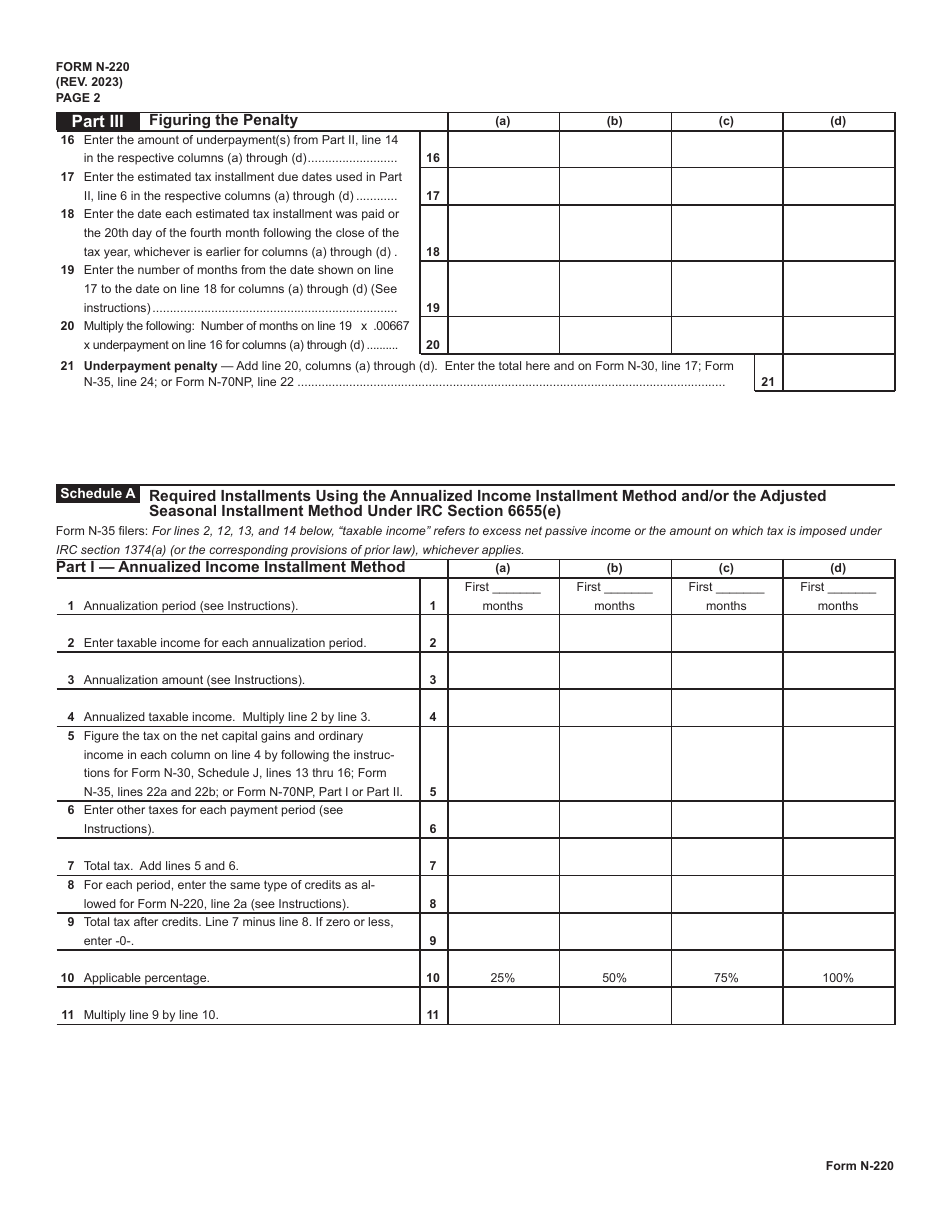 Form N-220 Underpayment of Estimated Tax by Corporations and S Corporations - Hawaii, Page 2