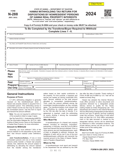 Form N-288 Hawaii Withholding Tax Return for Dispositions by Nonresident Persons of Hawaii Real Property Interests - Hawaii, 2024
