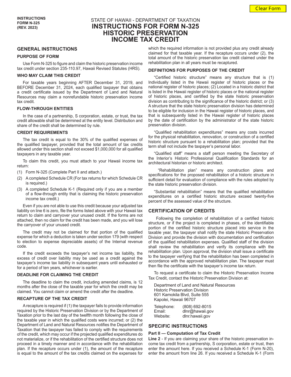 Instructions for Form N-325 Historic Preservation Income Tax Credit - Hawaii, Page 1