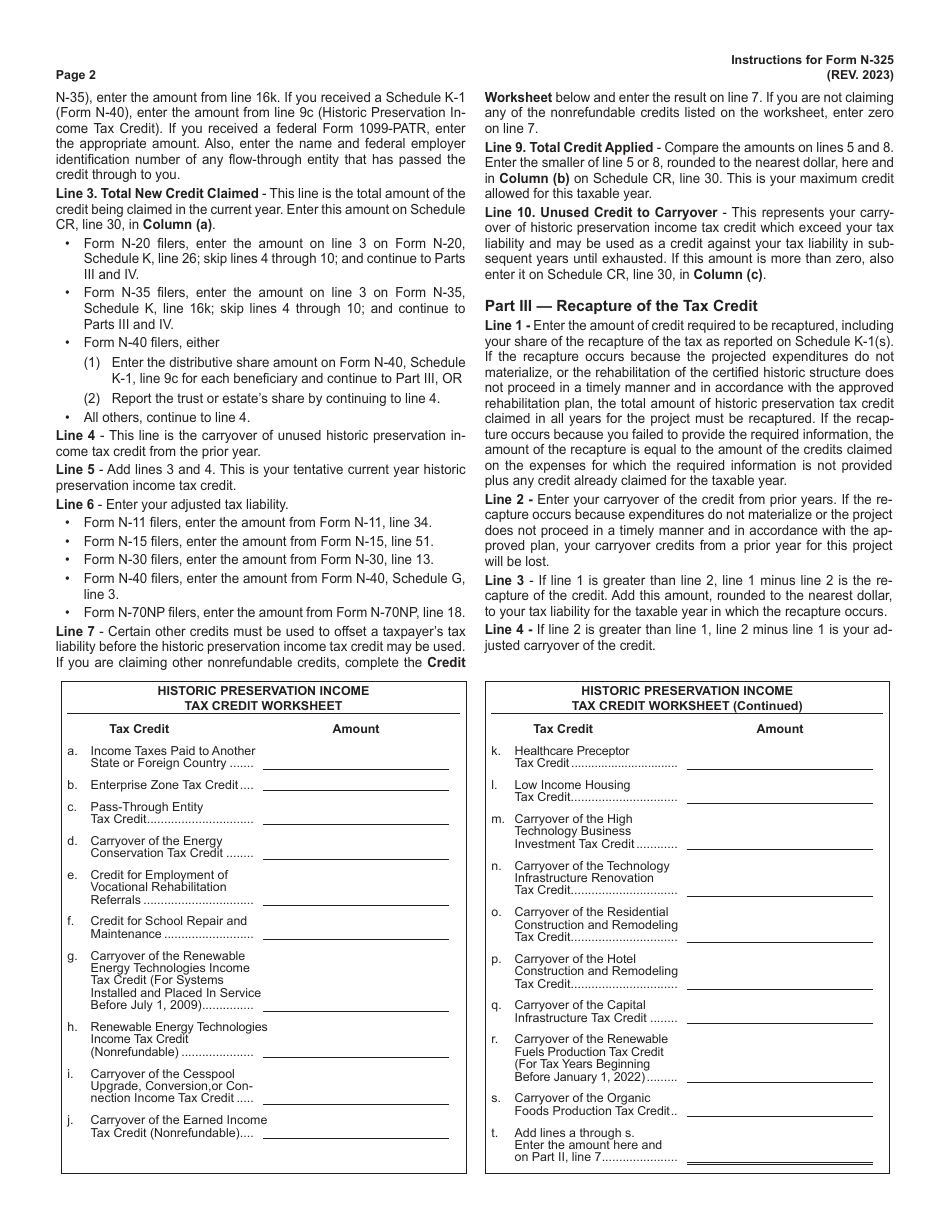 Instructions for Form N-325 Historic Preservation Income Tax Credit - Hawaii, Page 2