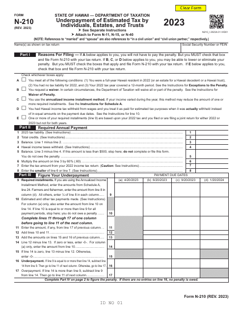 Form N-210 Underpayment of Estimated Tax by Individuals, Estates, and Trusts - Hawaii, 2023