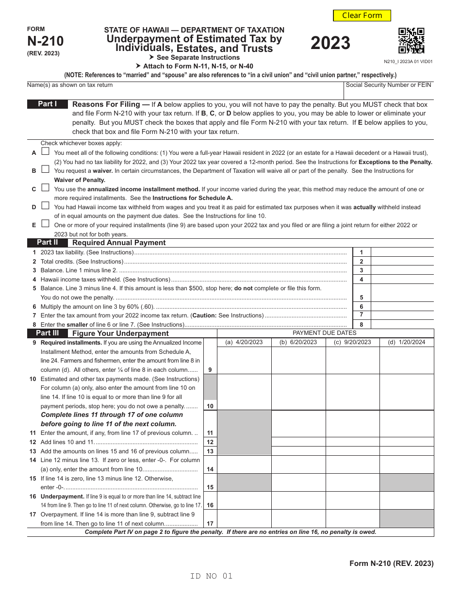 Form N-210 Underpayment of Estimated Tax by Individuals, Estates, and Trusts - Hawaii, Page 1