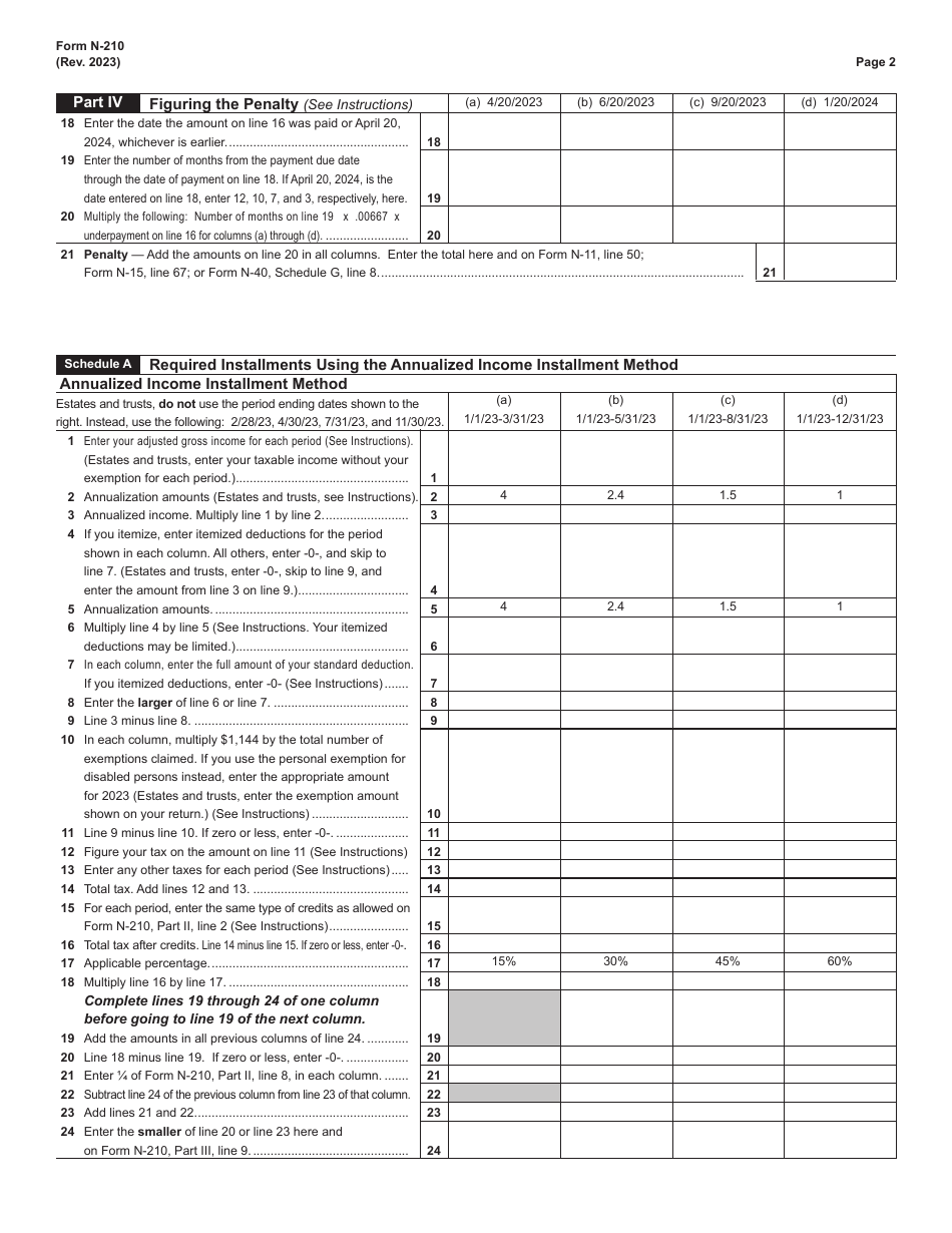 Form N-210 Underpayment of Estimated Tax by Individuals, Estates, and Trusts - Hawaii, Page 2