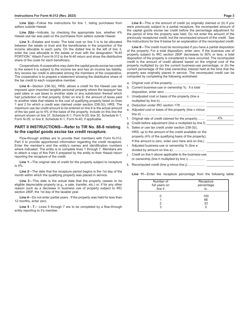 Instructions for Form N-312 Capital Goods Excise Tax Credit - Hawaii, Page 3