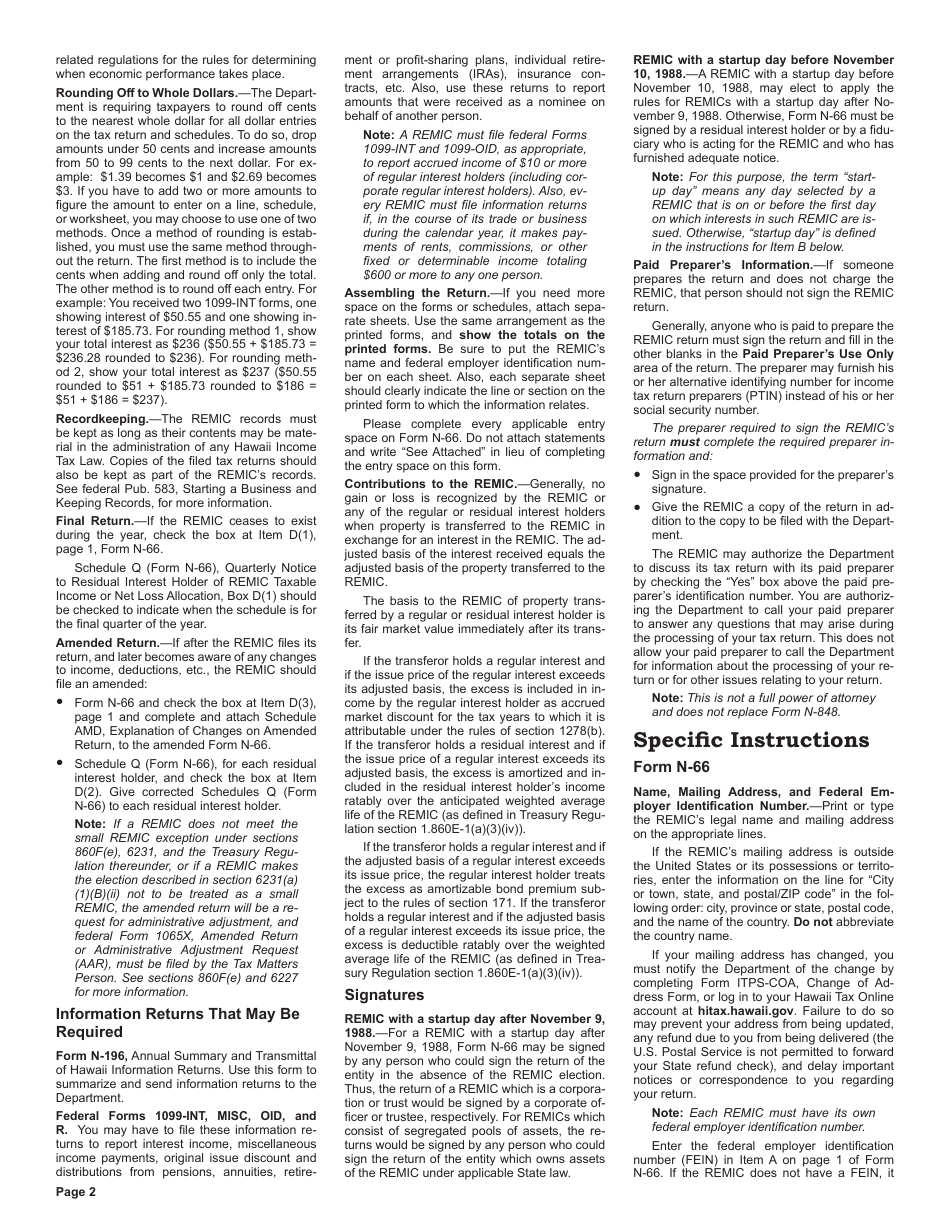Instructions for Form N-66 Real Estate Mortgage Investment Conduit Income Tax Return - Hawaii, Page 2