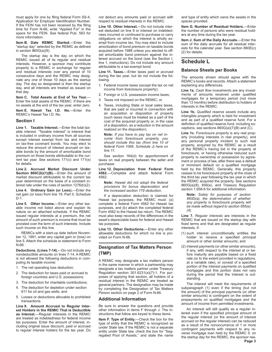 Instructions for Form N-66 Real Estate Mortgage Investment Conduit Income Tax Return - Hawaii, Page 3