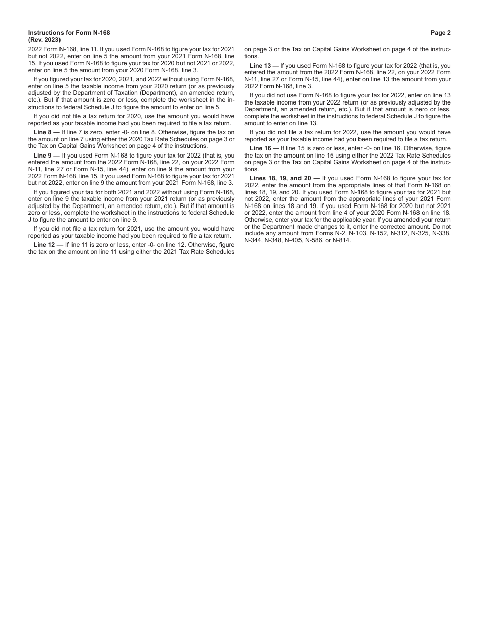 Instructions for Form N-168 Income Averaging for Farmers and Fishermen - Hawaii, Page 2