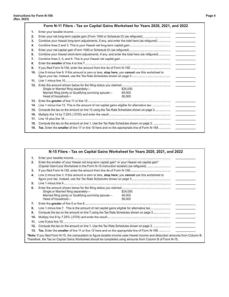Instructions for Form N-168 Income Averaging for Farmers and Fishermen - Hawaii, Page 4