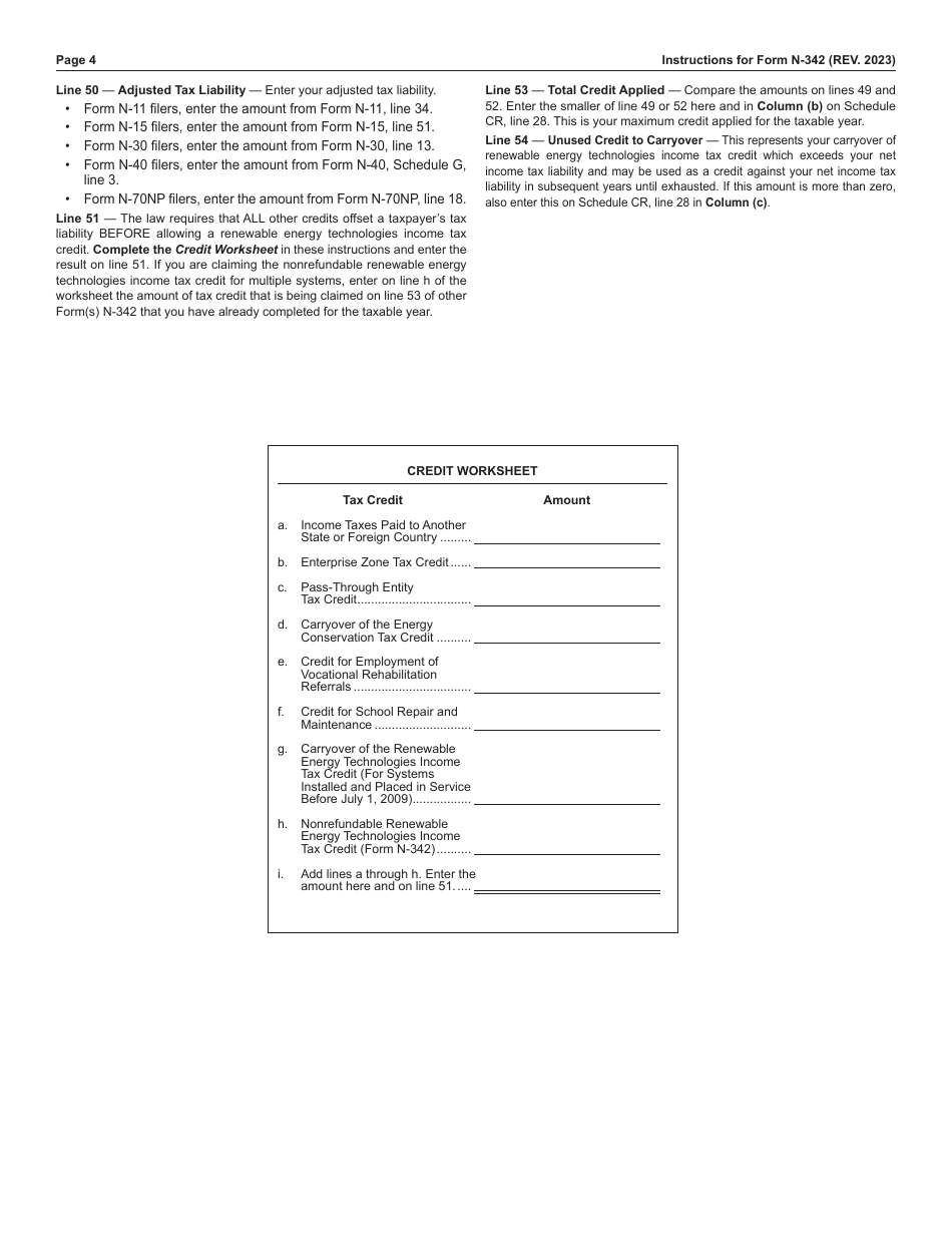 Instructions for Form N-342 Renewable Energy Technologies Income Tax Credit (For Systems Installed and Placed in Service on or After July 1, 2009) - Hawaii, Page 4