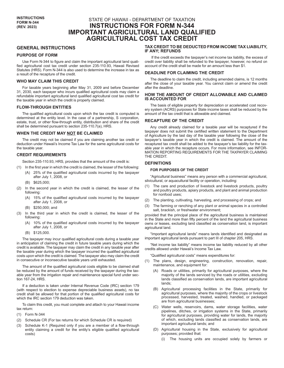 Instructions for Form N-344 Important Agricultural Land Qualified Agricultural Cost Tax Credit - Hawaii, Page 1