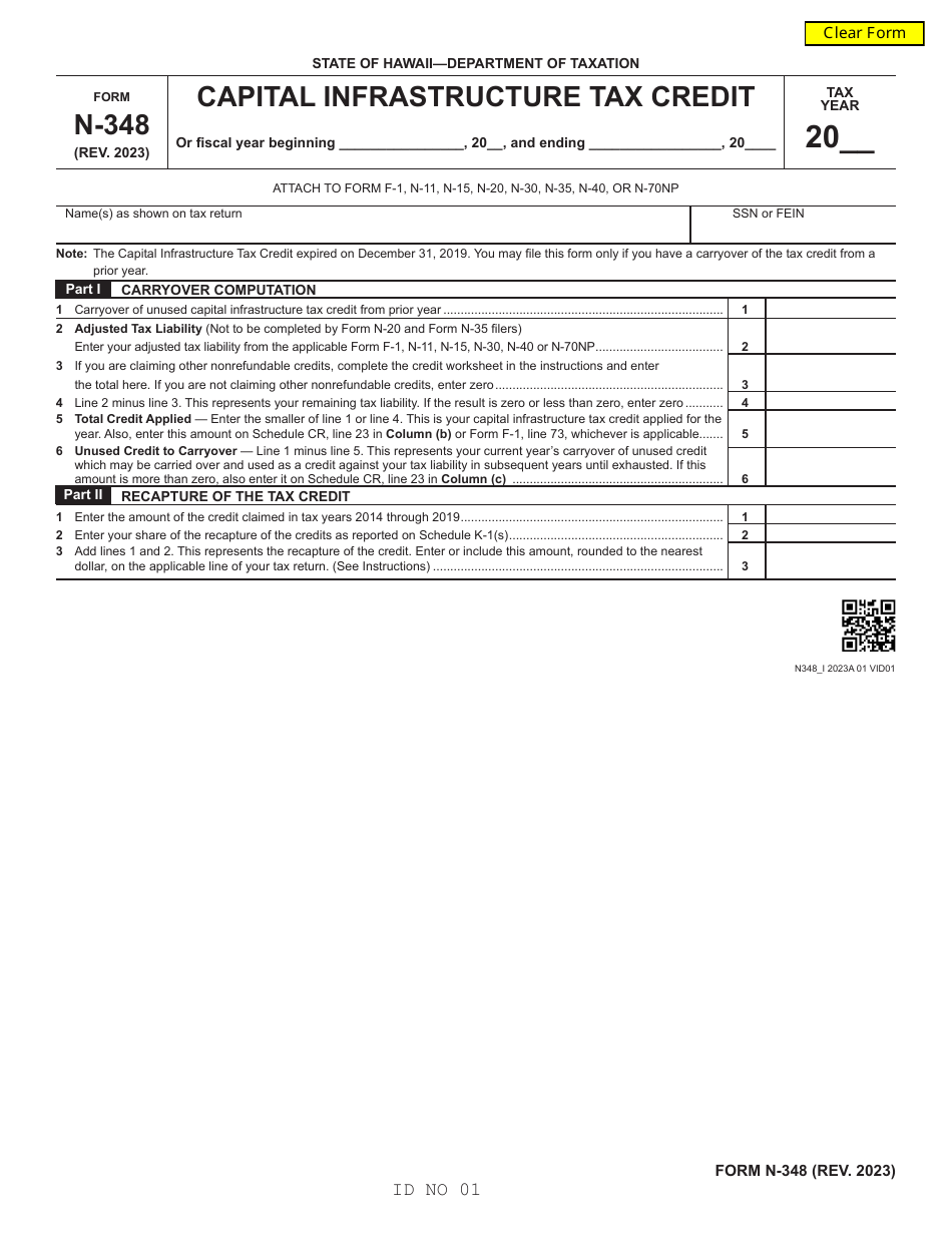 Form N-348 Capital Infrastructure Tax Credit - Hawaii, Page 1